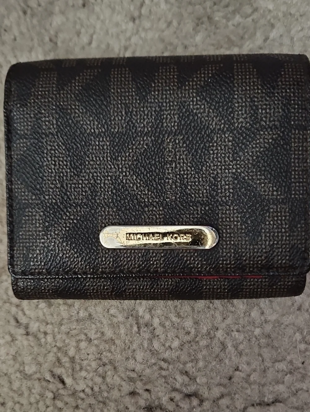 Michael Kors Black and Brown Signature Compact Wallet with Gold Plaque